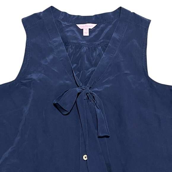 Lilly Pulitzer Raleigh navy blue 100% silk button down tank top with neck tie - Picture 6 of 11
